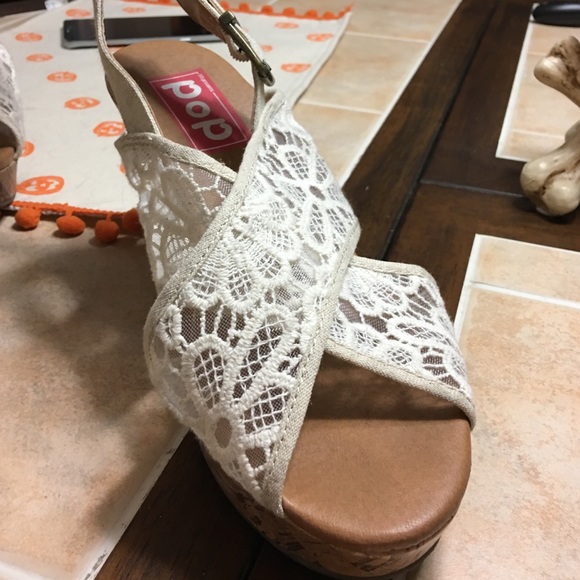 Pop Katrina crisscross white lace wedges