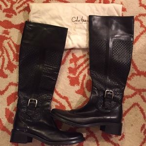 Cole Haan Black woven leather Italian boots.