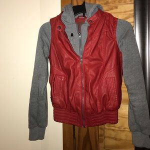 Orange/red leather jacket with fleece lined sleeve