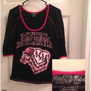 Metal Mulisha Pink and Black Cropped Sleeve Tee
