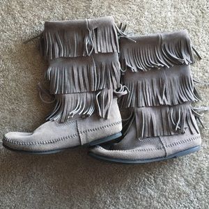 Grey Minnetonka Fringe Boots