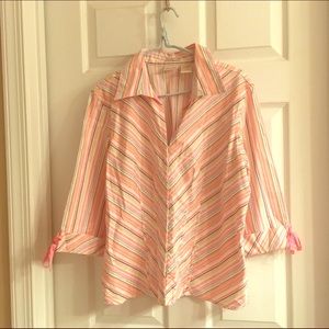 Striped 3/4 Length Sleeve Collared Shirt, EUC