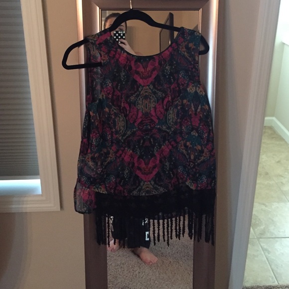 BCBG colorful print and lace boho chic top