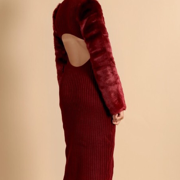 Posh Red fur Backless Sweater Dress