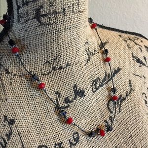 Unique steampunk necklace/bracelet blk/red glass.