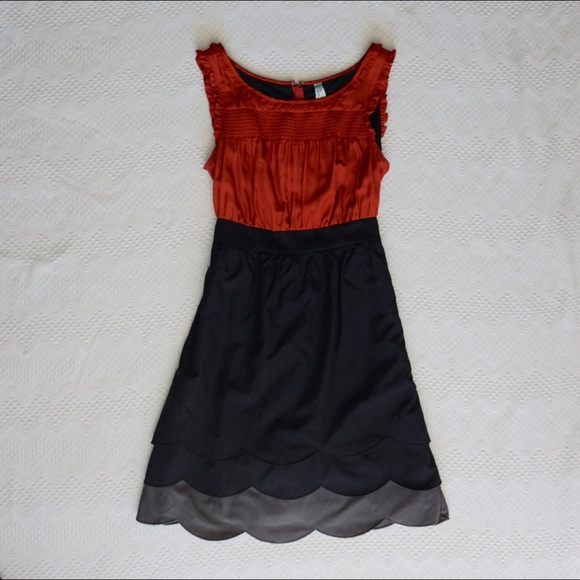 Anthropologie orange black & gray scalloped dress