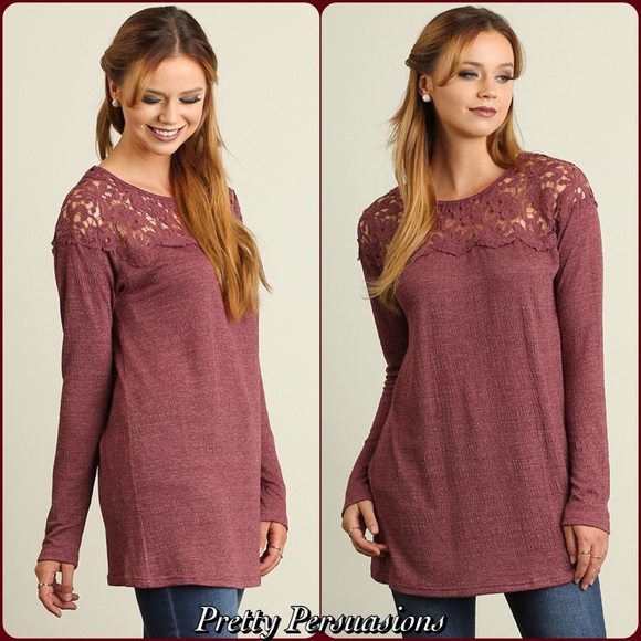 LAST TWO‼️NWT Wine Long Sleeve & Lace Top - Picture 2 of 3