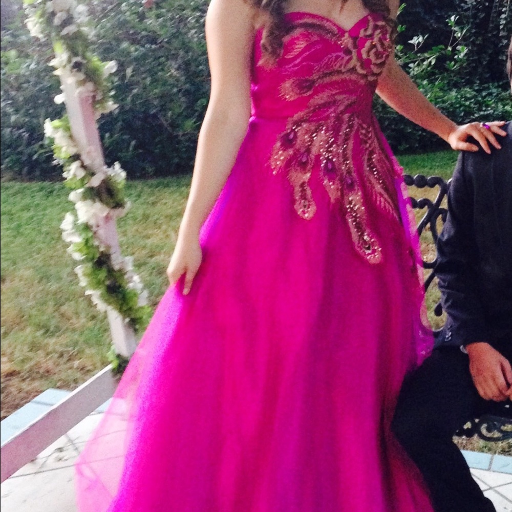 Magenta Peacock Strapless Gown - Picture 2 of 3