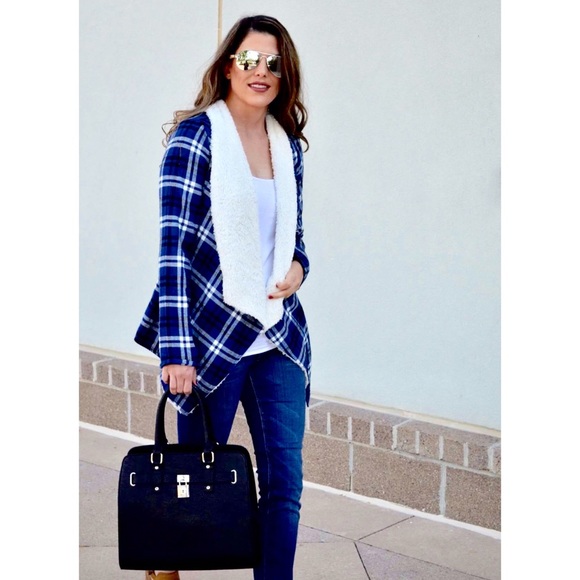 Fur Lined Plaid Coat in Blue - Picture 2 of 3