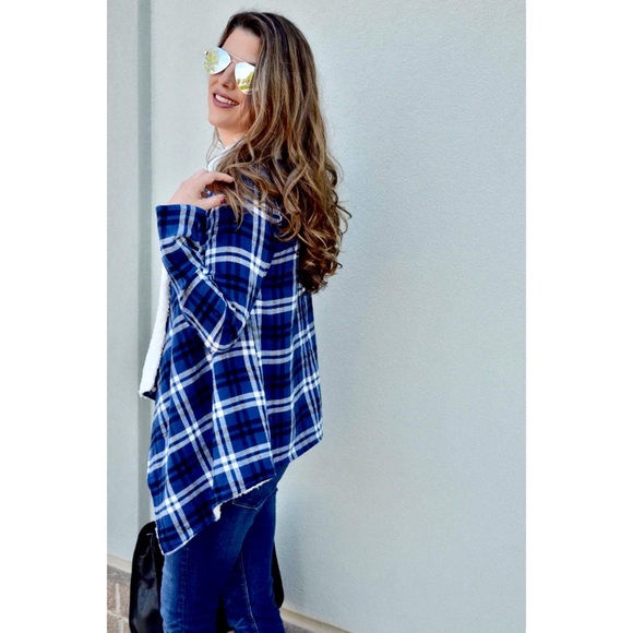 Fur Lined Plaid Coat in Blue - Picture 3 of 3