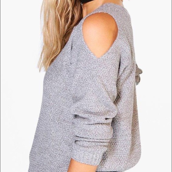 Grey open shoulder knit top