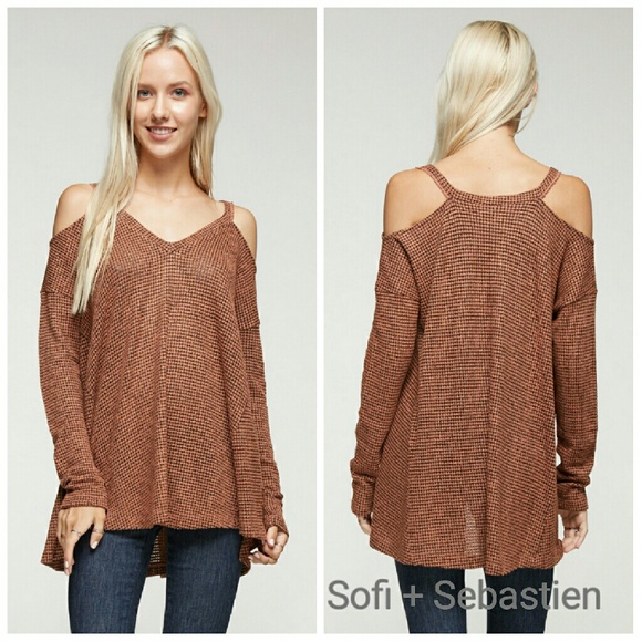 Cold shoulder waffle knit sweater top rust orange - Picture 4 of 6