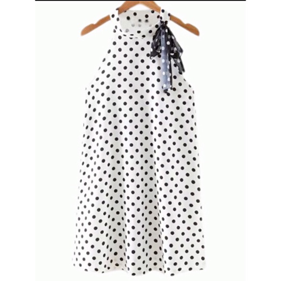 Sleeveless Self-tie Bow Polka Dots Dress (S)