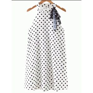 Sleeveless Self-tie Bow Polka Dots Dress (S)
