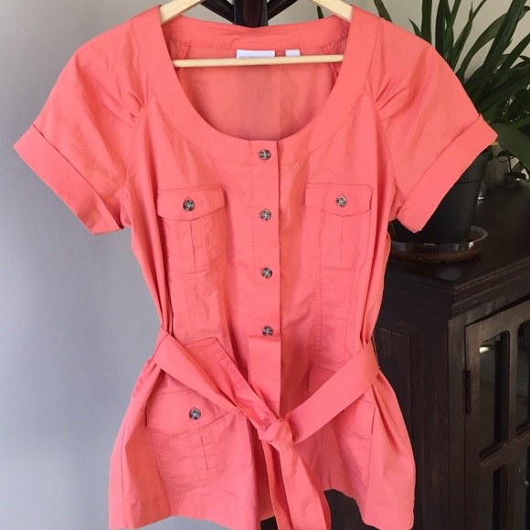 Peach/Coral Cuffed Short Sleeve Buttoned Blouse