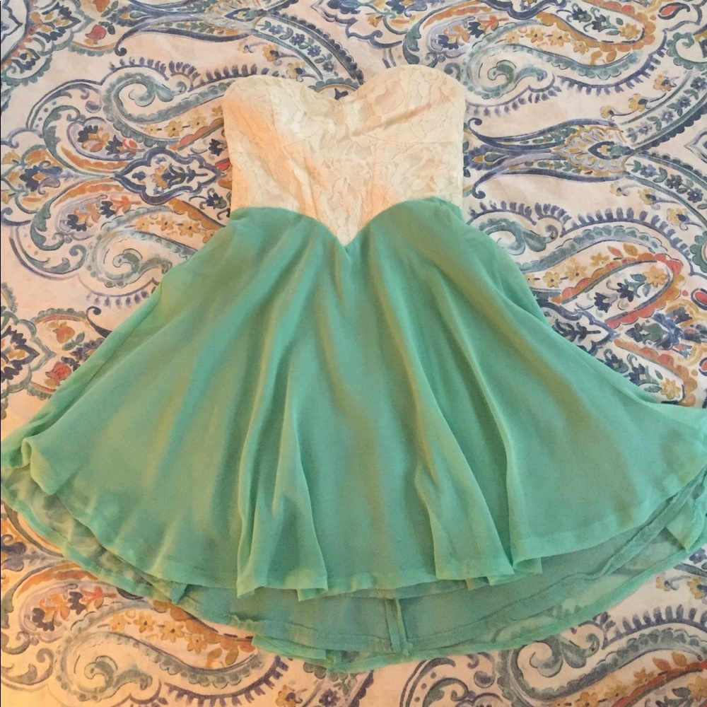 Strapless white lace top mint dress
