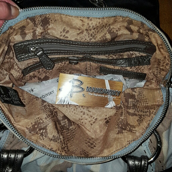 B Makowsky Leather Satchel Denim Camo - Picture 3 of 4