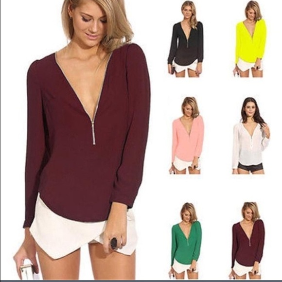 Tops - Cute trendy, and popular chiffon blouse w zip L XL