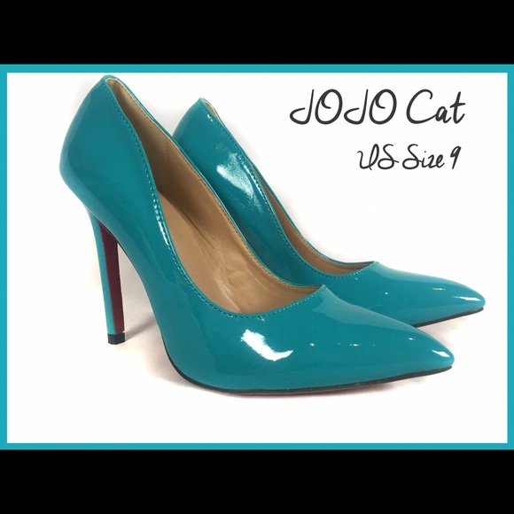 teal patent leather pumps