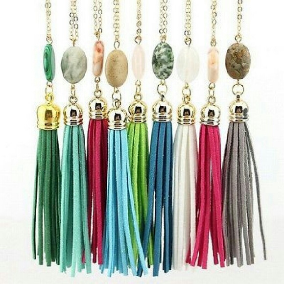 Long stone RED velvet tassel chain necklace - Picture 2 of 4