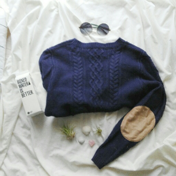 Navy Blue Knit Sweater w/ Suede Elbow Patches
