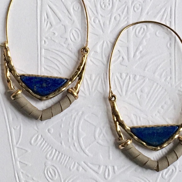 Blue Natural Stone and Leather Wrap Hoops - Picture 2 of 4