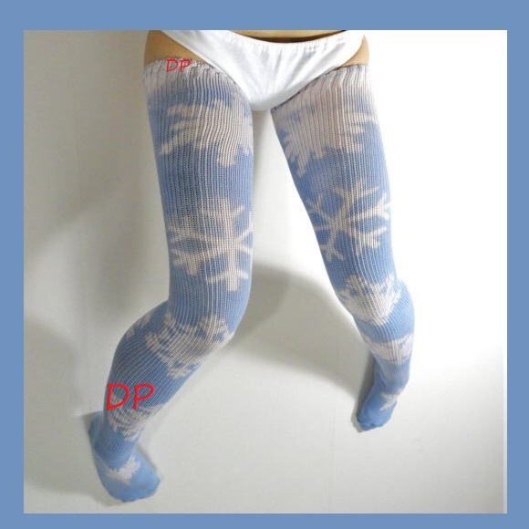 Snow Flake Thigh High Socks Over Knee White Blue Winter Christmas Gift Womens
