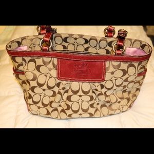 Berry and tan large Coach purse