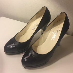 Chanel black pumps with silver detailing on heels