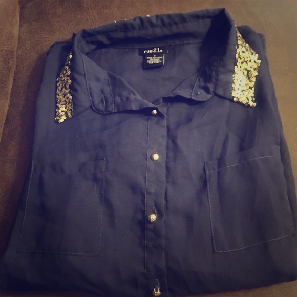 Navy blue long sleeve chiffon blouse