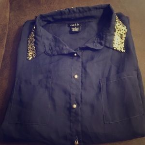Navy blue long sleeve chiffon blouse