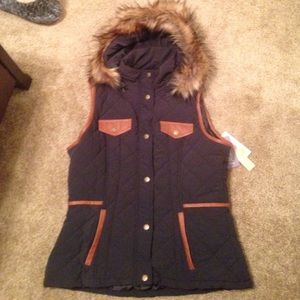Brand new with tags navy vest with faux fur hood!