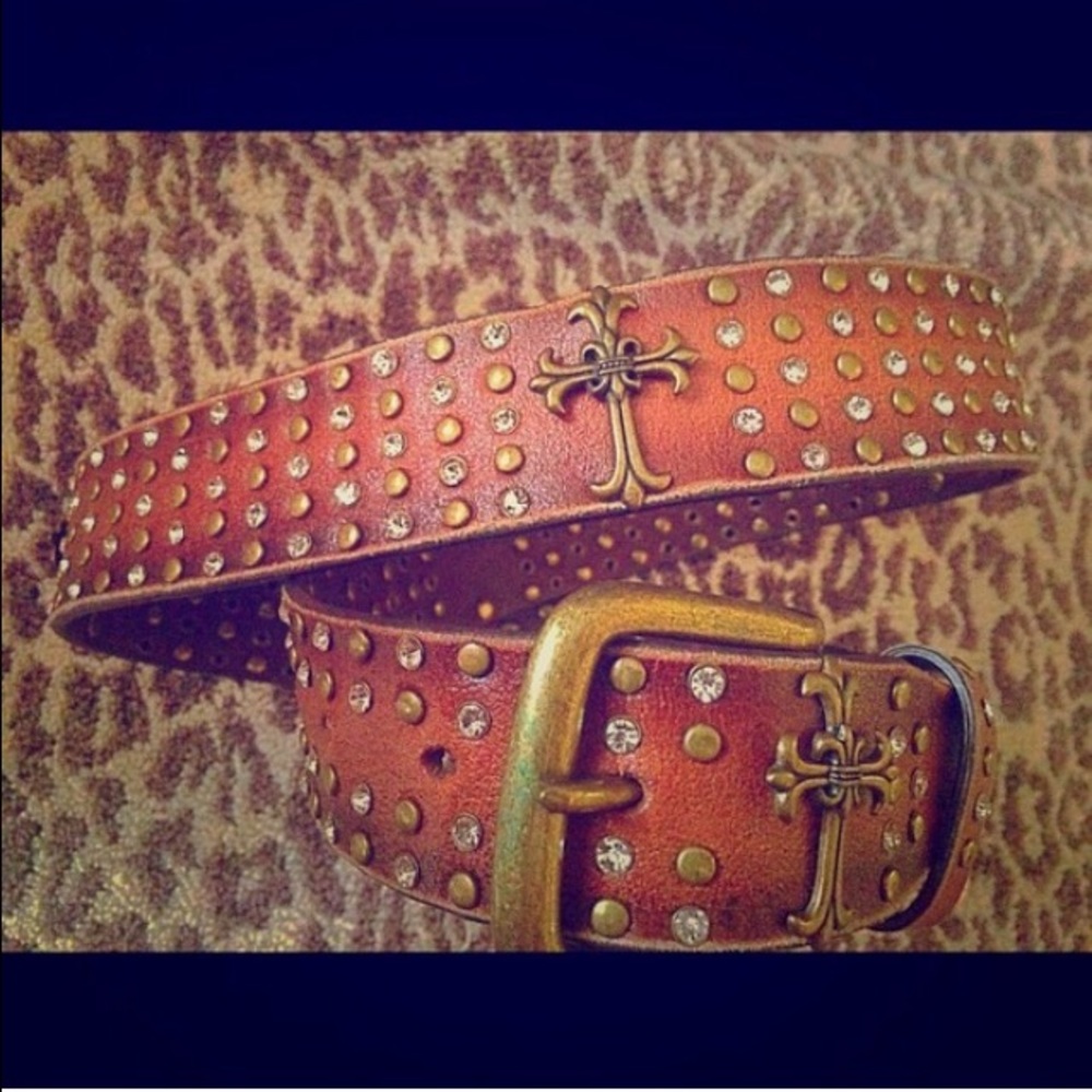 Leather Crystal & Brass Cross Encrusted Belt
