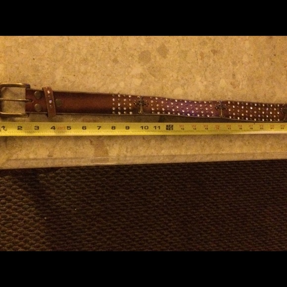 Leather Crystal & Brass Cross Encrusted Belt - Picture 5 of 8