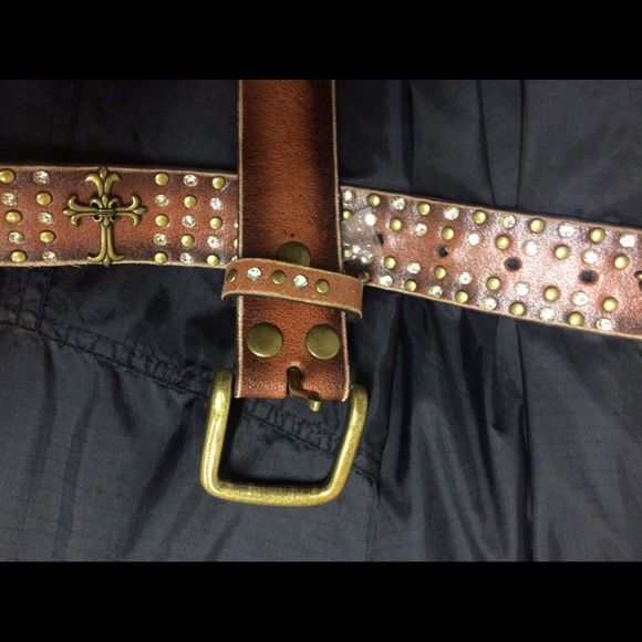 Leather Crystal & Brass Cross Encrusted Belt - Picture 2 of 8