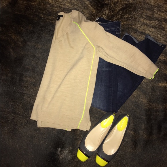 Like New J. Crew  tan and neon sweater