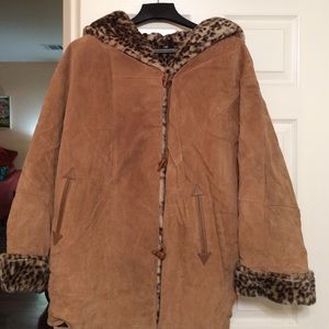 Suede & Faux Leopard Fur Hooded Coat