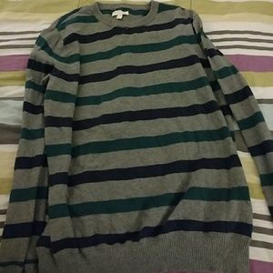Grey, blue, green striped sweater