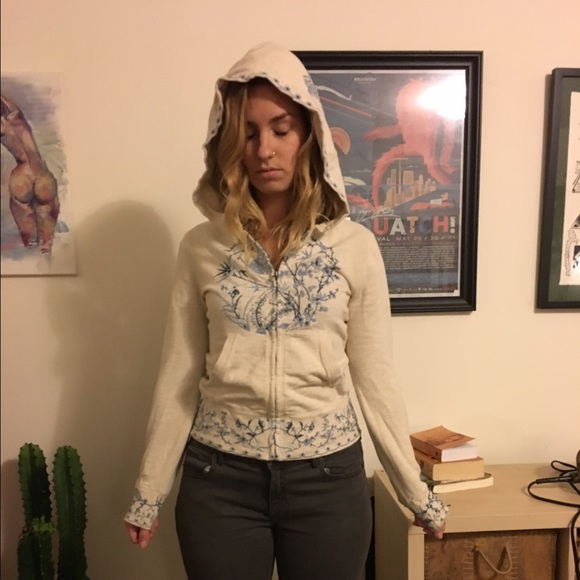 Lucky brand white hoodie with blue embroidery