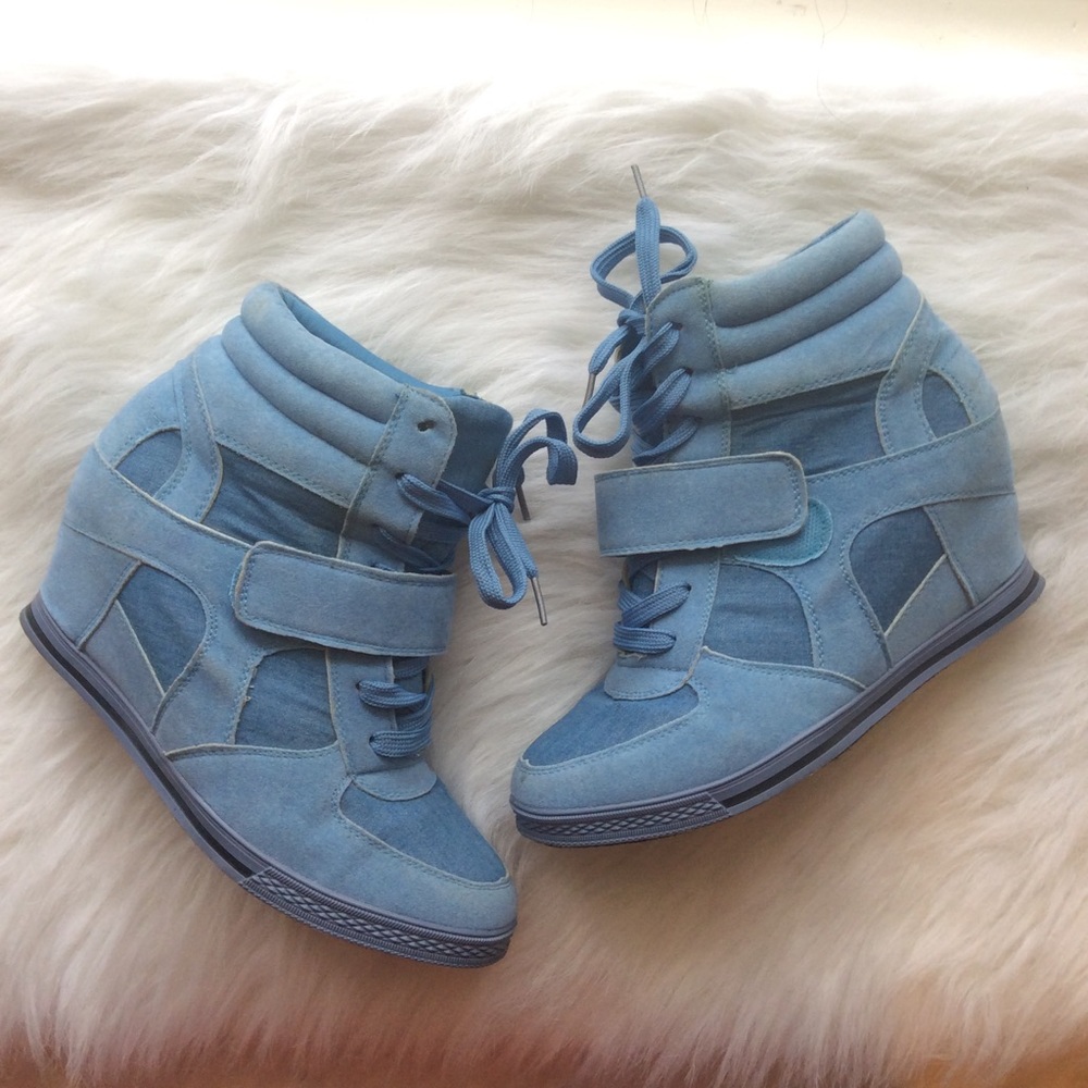 Blue denim nicoleed bucco sneaker wedges