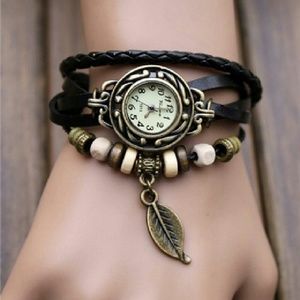 Black leather charm watch bracelet