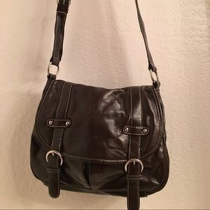 NY&C brown patent messenger bag
