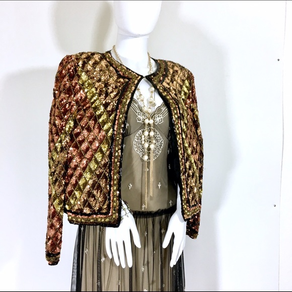 Vintage Jackets & Blazers - Tan- Chho Rose Gold Checkered Sequins Jacket