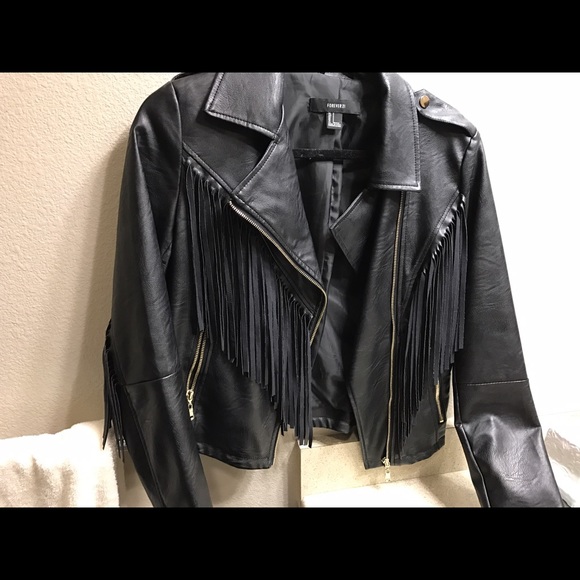 Faux leather black fringe jacket