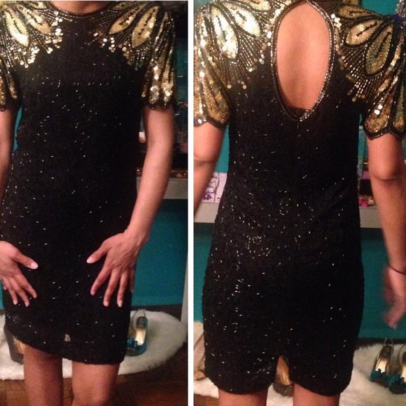 Vintage Sequins/Beaded Gold And Black Dress