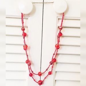 Red Double Stranded Beaded Necklace