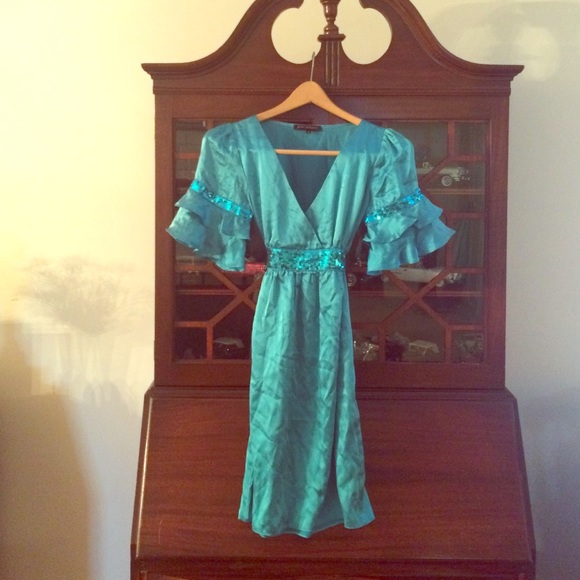 Turquoise satin and sequin Betsey Johnson dress