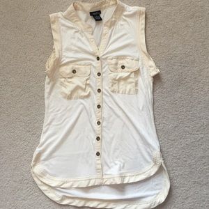 Cream button down high low tank with front pockets