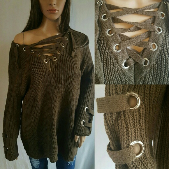 LAST ONE!! Mocha lace-up sweater - Picture 2 of 3