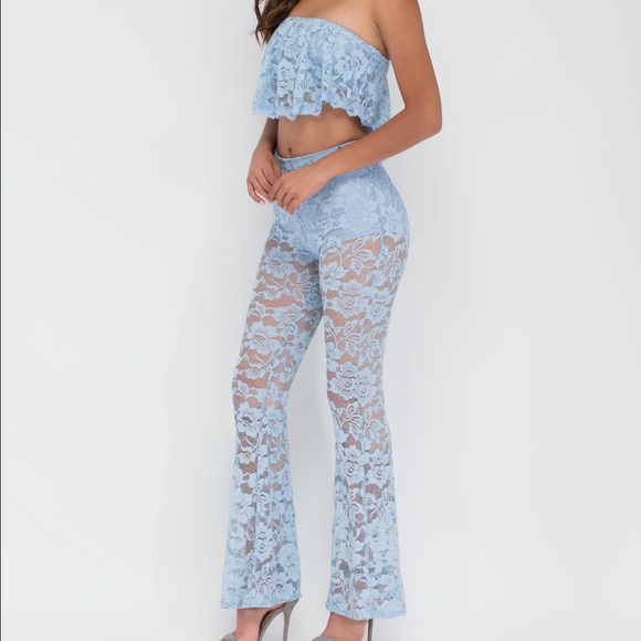 Lucky in Lace Bandeau Bell Bottom Set In Pink